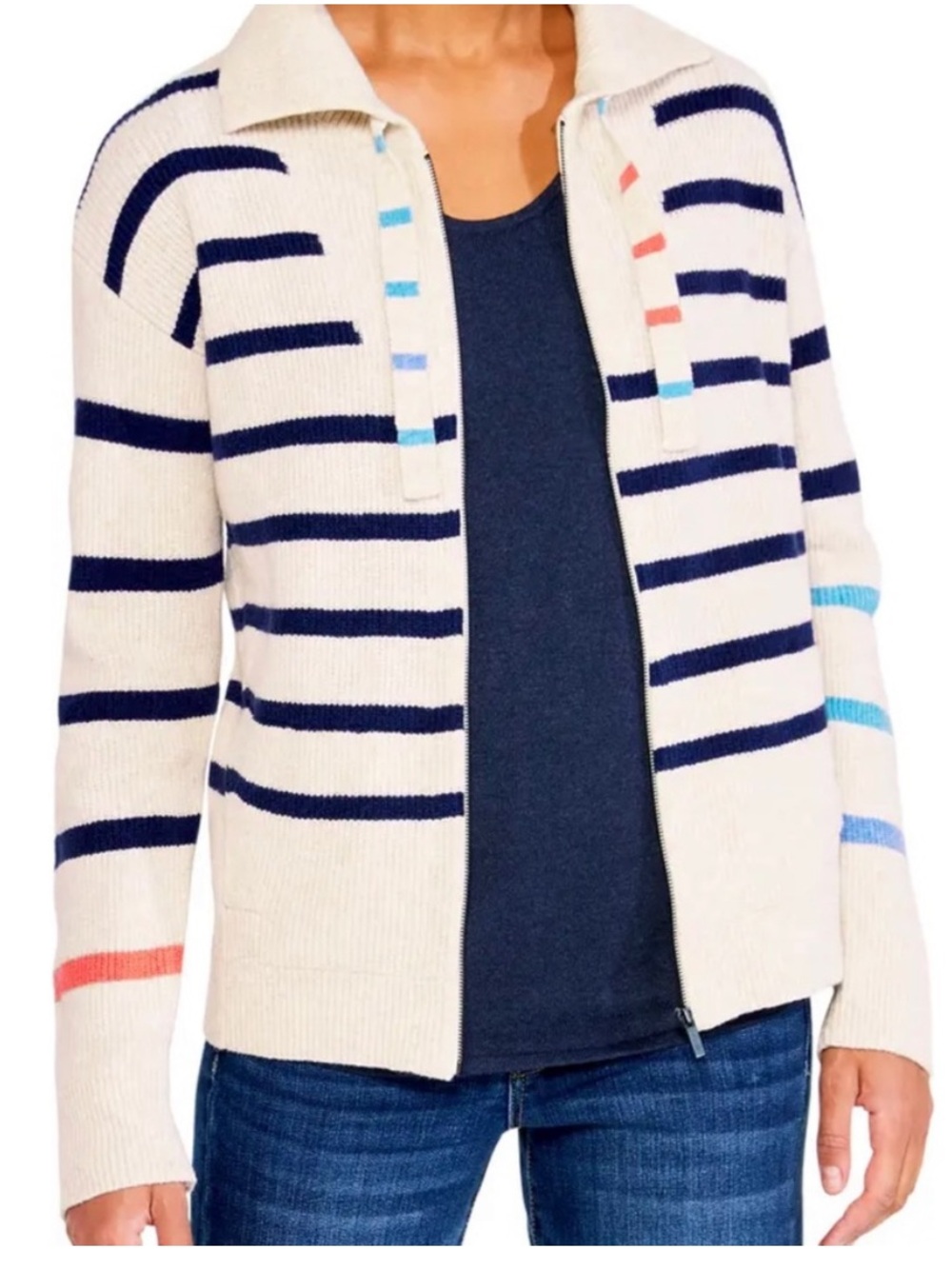 EUC NIC+ZOE Sailors Stripe Zip Front Cardi, Size XXL,Worn Twice, Cream & Colors!
